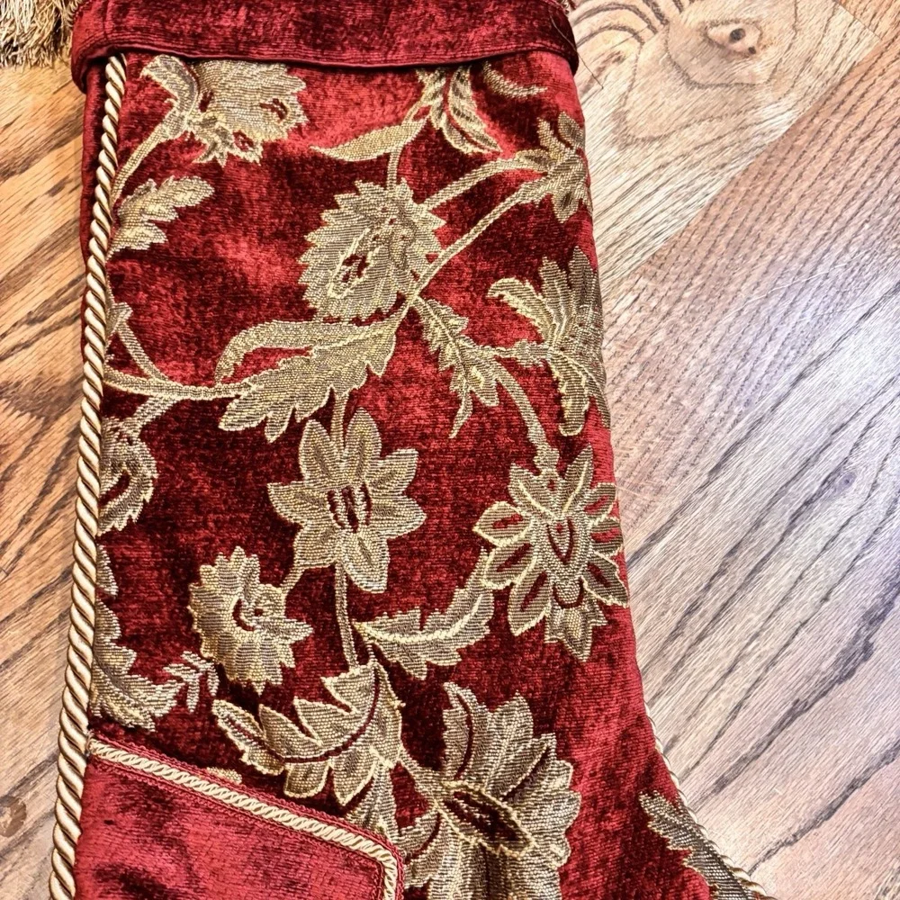 Villa Bacci Red‎ Velvet Christmas Stocking Gold Floral Brocade Tassel Bells 24